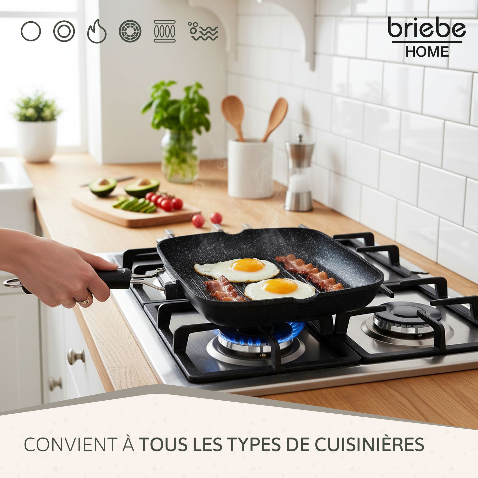 Briebe Grill Asador, Inducción, Antiadherente Titanio 34x24cm Aluminio Fundido Sin Pfoa Mango Plegable, Gp1160, Negro_4