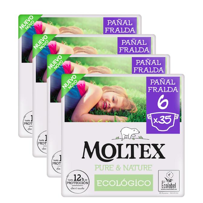 Pack ahorro Pañales Moltex Pure & Nature T6 (17-28 kg), 140 Uds