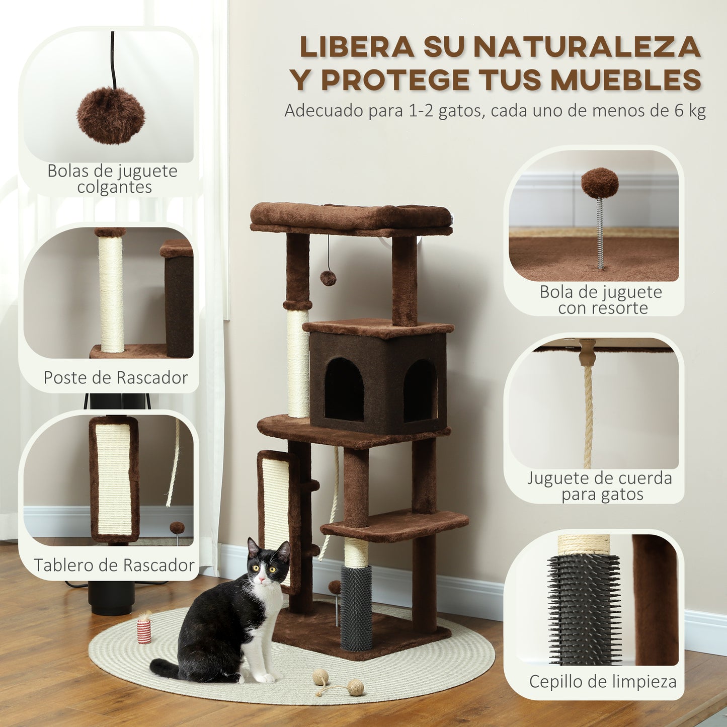 Pawhut Árbol Rascador Para Gatos Grande Altura 132 Cm Marrón_4