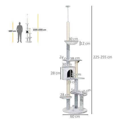 Pawhut Árbol Rascador Para Gatos De Suelo A Techo Ajustable Ø60x225-255 Cm Gris_2