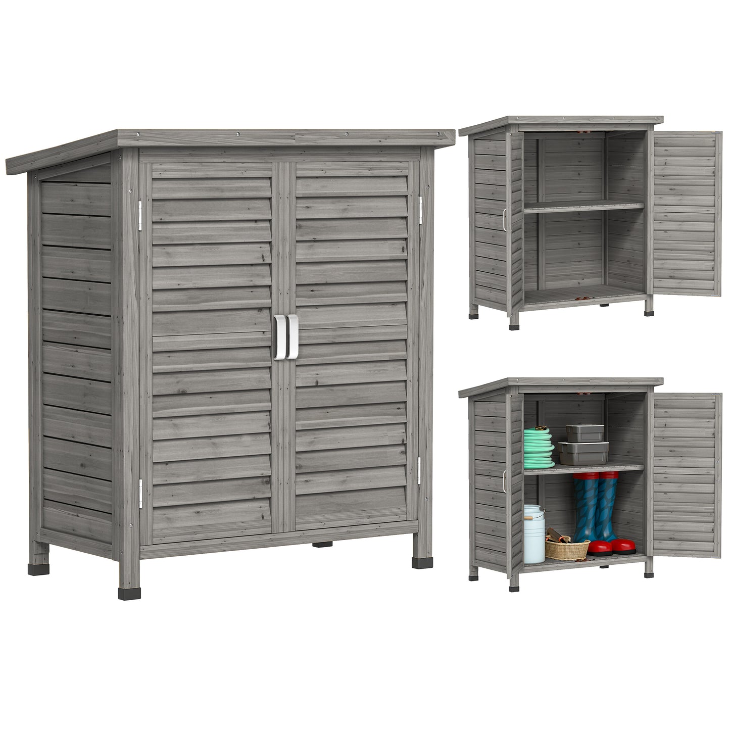 Outsunny Cobertizo Almacenamiento Madera Jardín 2 Estantes Interiores Gris_0