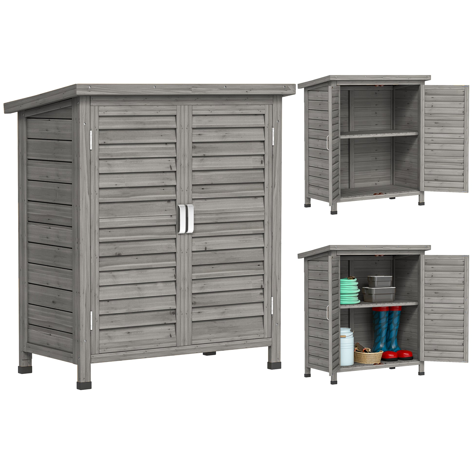 Outsunny Cobertizo Almacenamiento Madera Jardín 2 Estantes Interiores Gris_0