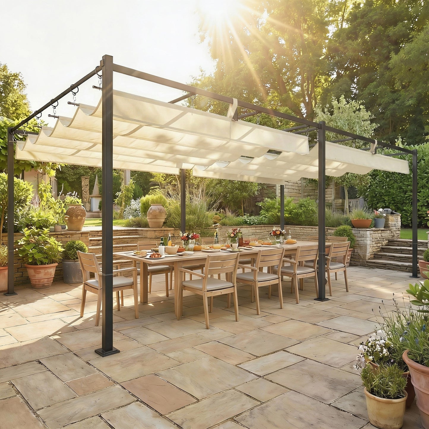 Outsunny Pérgola De Jardín 6x3 M Con Techo Retráctil Upf50+ Drenaje Crema_1