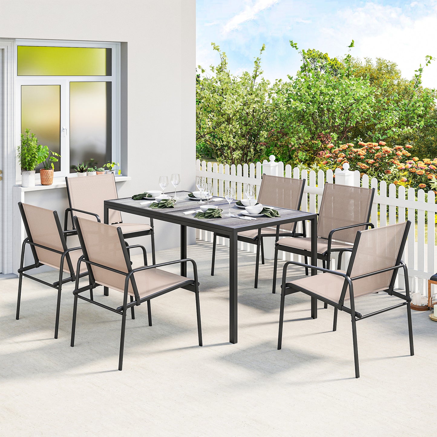 Outsunny Conjunto De Mesa Y Sillas Jardín De 7 Piezas Con Sillas Transpirables_1