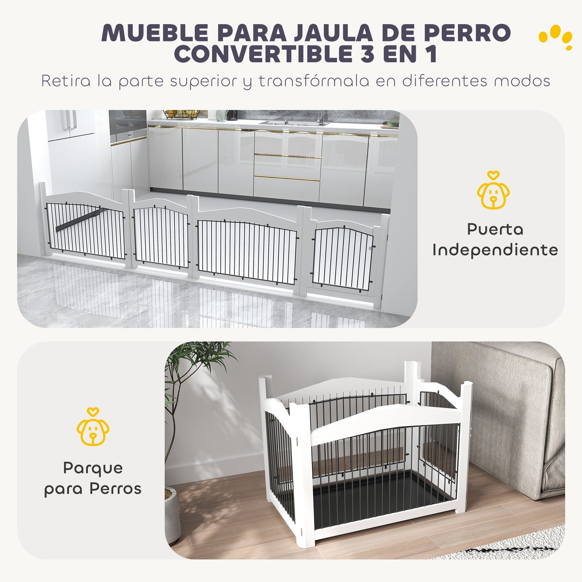 Pawhut Jaula Para Perros Medianos 3 En 1 Con Tapa Superior Desmontable Blanco_3