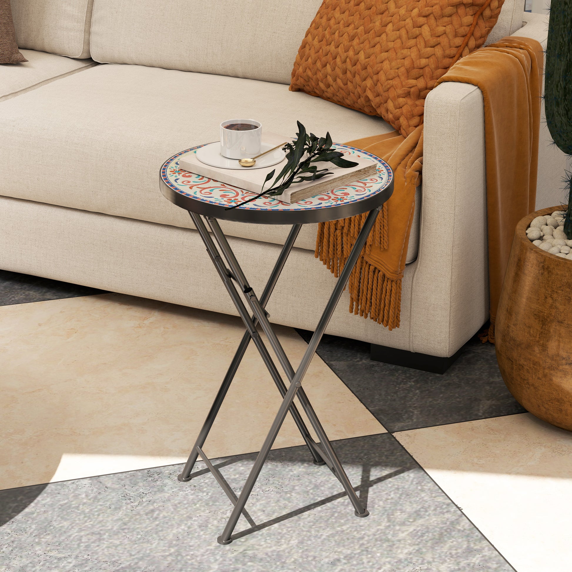 Outsunny Mesa Auxiliar Redonda Plegable Con Encimera De Mosaico Multicolor_1