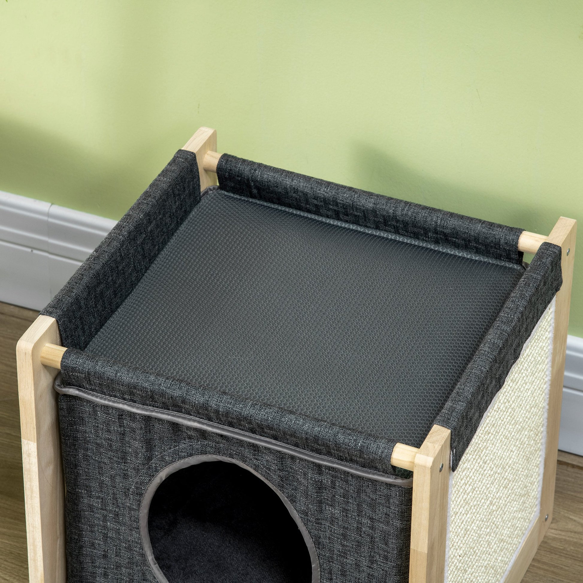 Pawhut Cama Cueva Para Gatos De Madera Con Cojín Extraíble 40x40x40,5 Cm Gris_3