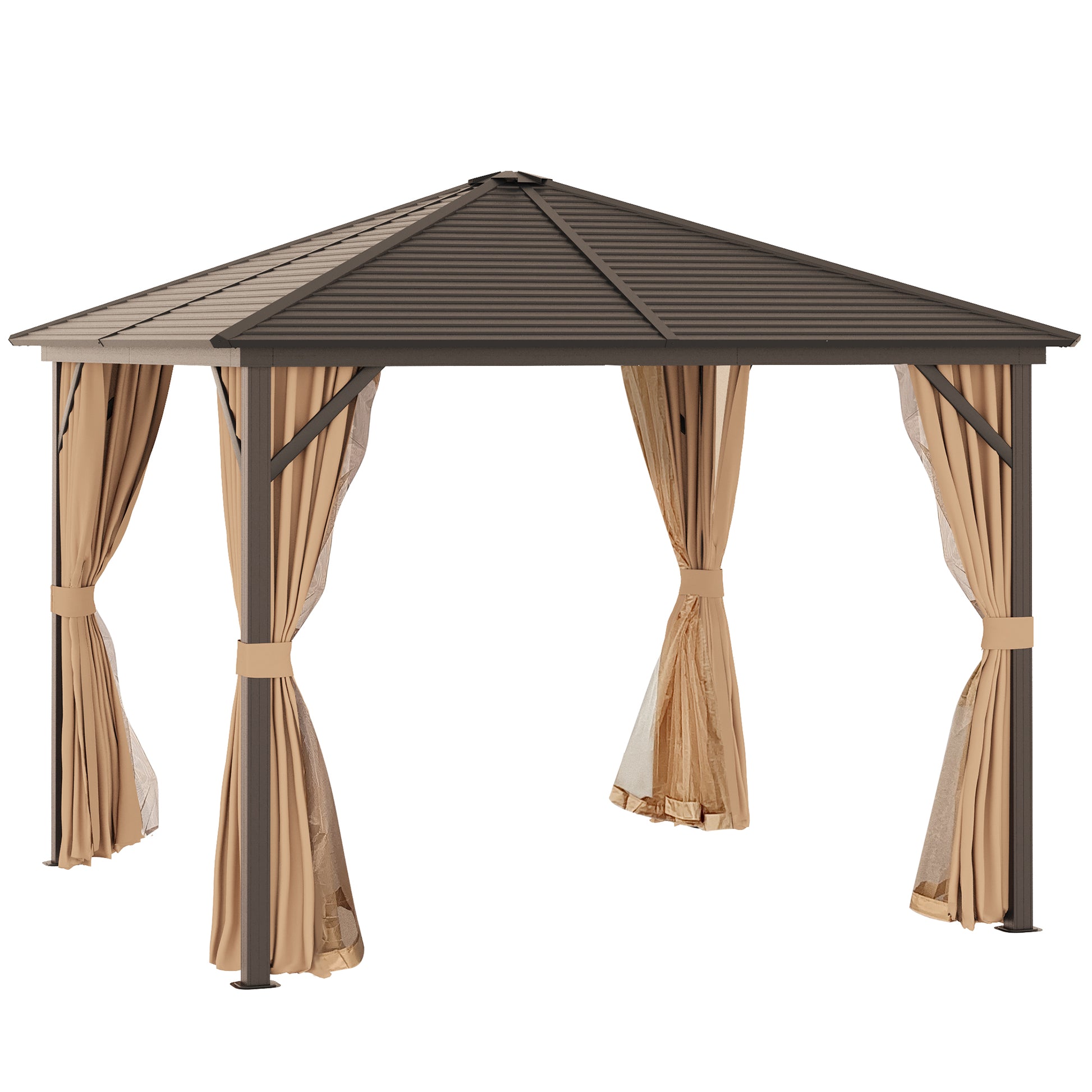 Outsunny Cenador De Jardín 3x3 M Aluminio Con 4 Cortinas Y 4 Mosquiteras Marrón_0