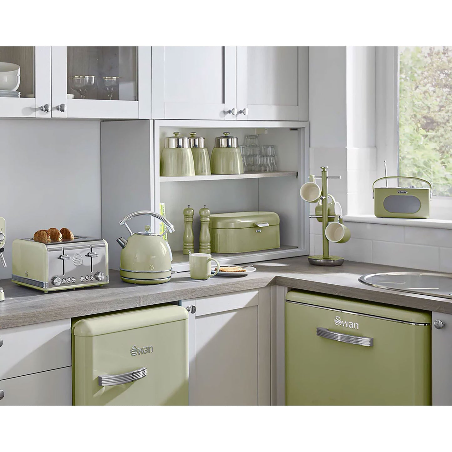 Set 3 Botes Cocina Almacenaje 1,2 L, Plástico Y Acero Inox, Especias, Té ,café, Retro, Vintage Swan Swka1024gn, Verde_2