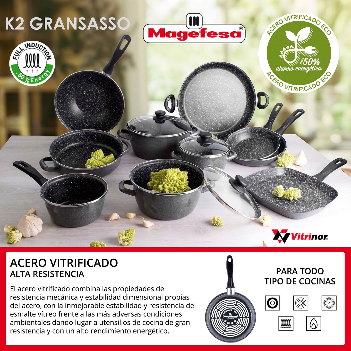 Bateria De Cocina 8 Piezas San Ignacio Dina De Acero Inoxidable Con Juego De Sartenes (18/20/24 Cm) Magefesa K2 Gransasso En Acero Esmaltado_4