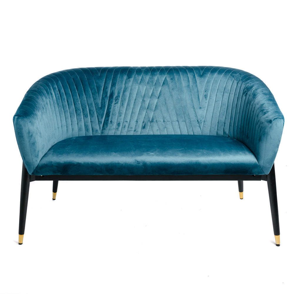Sofá 2 Plazas Terciopelo Pavo Real Azul Tapizado Con Pies Glamour Negro Diseño De Moda 131x67x79cm- Sofá Recto_0