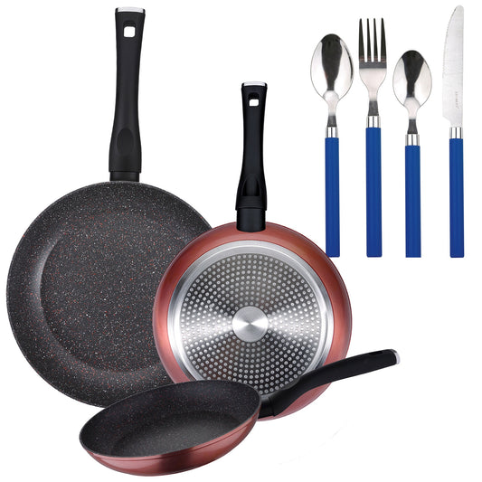 Pack De 3 Sartenes Ø20/24 Y 28 Cms + Set 24pc De Cubertería En Acero Inoxidable Con Mangos Azules_0