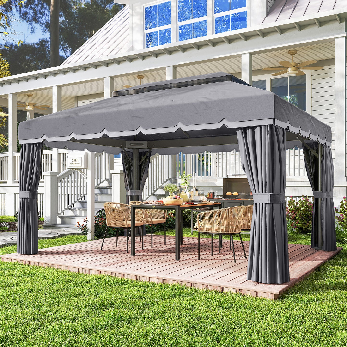 Outsunny Cenador De Jardín 4x3 M Con Doble Techo 4 Cortinas Y Mosquitera Gris_1