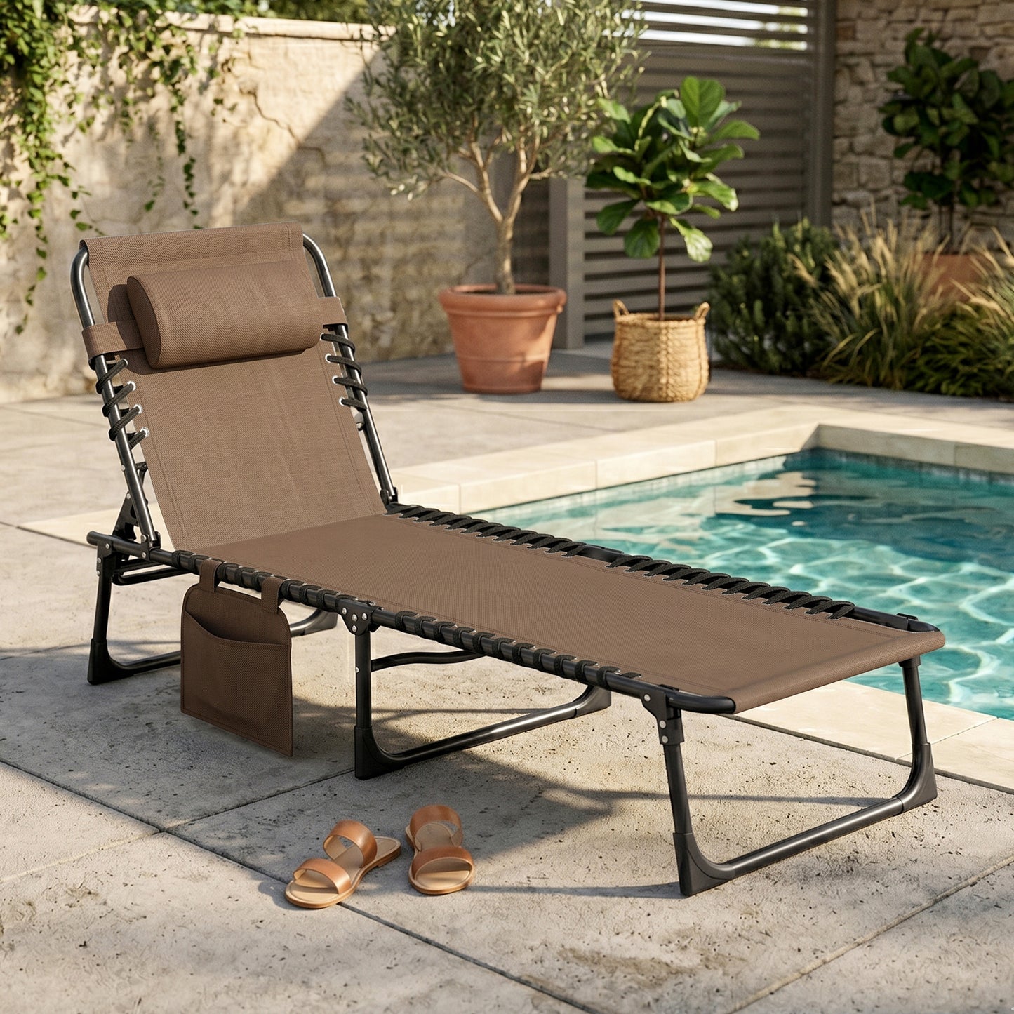 Outsunny Tumbona Plegable Respaldo Ajustable Y Reposacabezas 189x58x30 Cm Marrón_1
