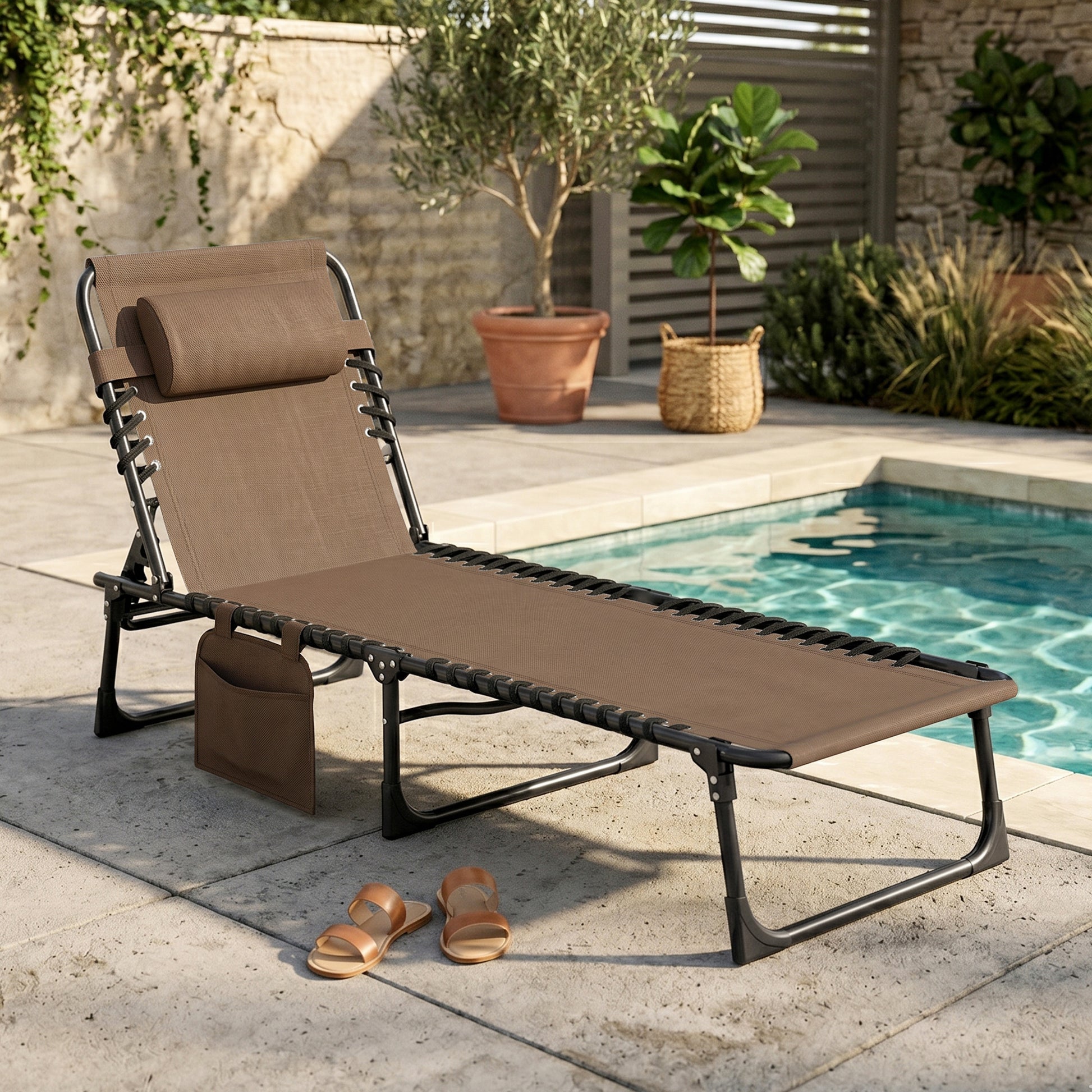 Outsunny Tumbona Plegable Respaldo Ajustable Y Reposacabezas 189x58x30 Cm Marrón_1