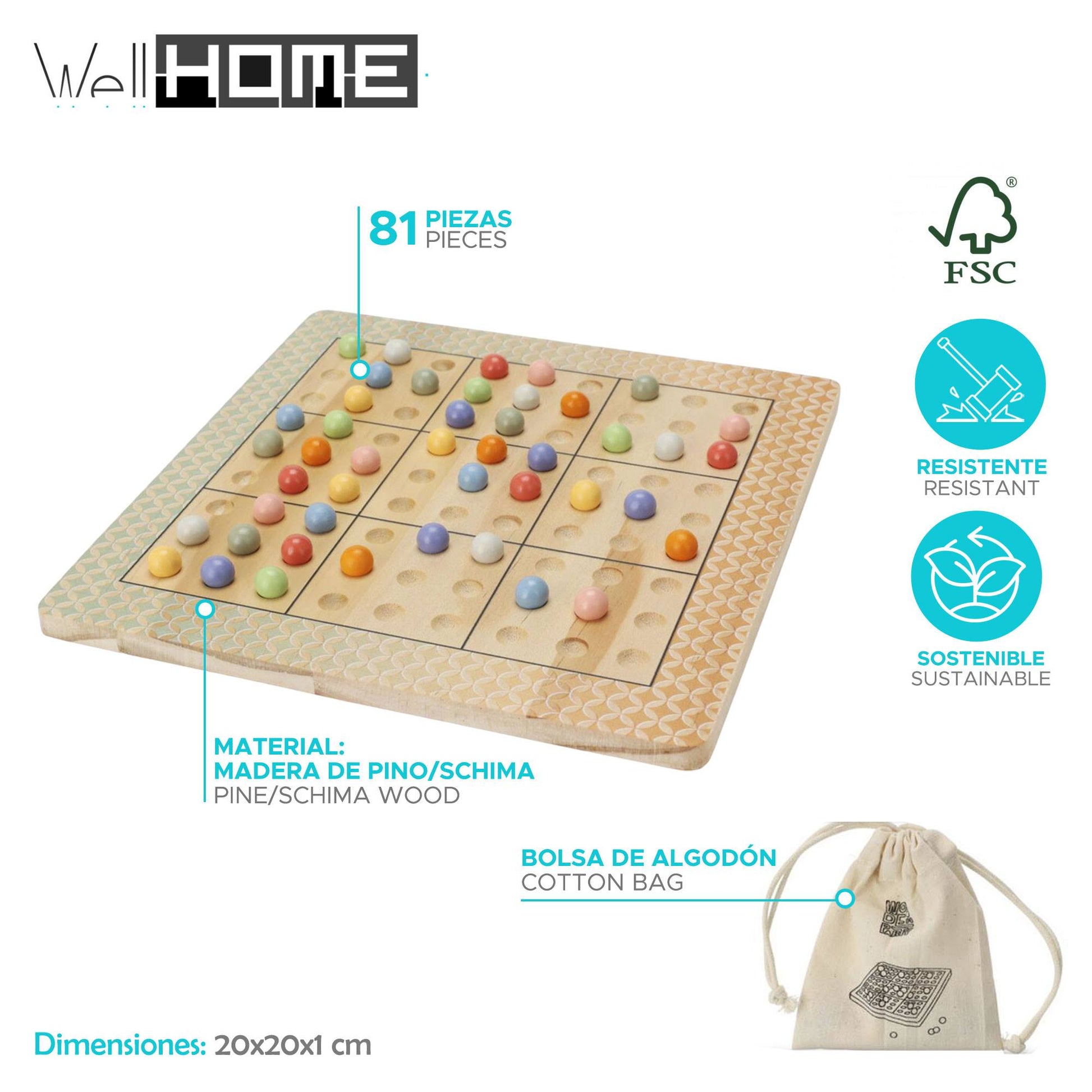 Well Home - Juego Sudoku En Madera Con Bolsa De Algodón