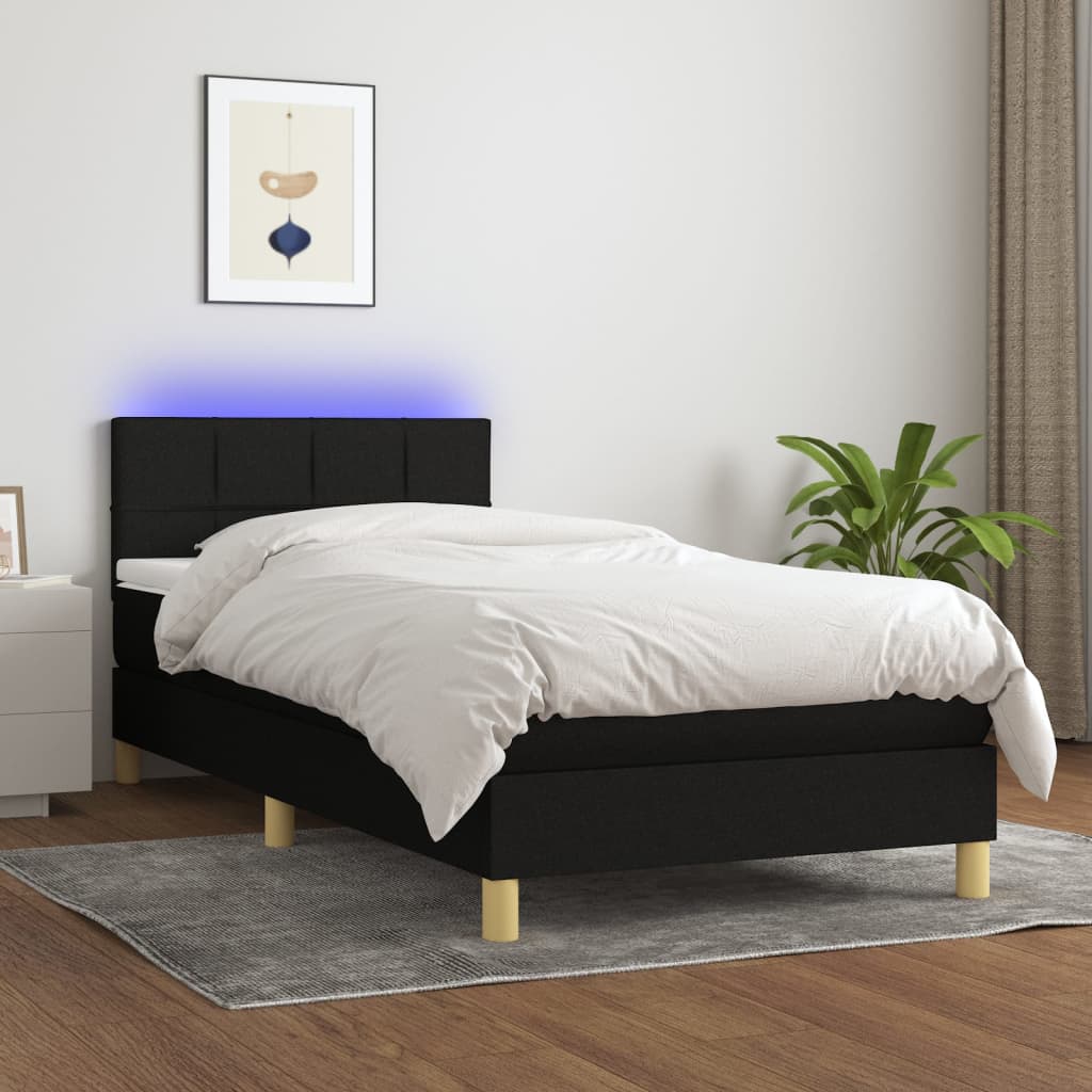 Cama Box Spring Con Colchón Y Led Tela Negro 90x190 Cm / Vetonek_1
