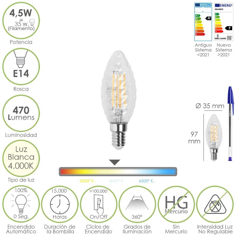 Bombilla Led Filamento Vela Twist. E14. 4,5 Watt. Equivale A 35 Watt. 470 Lumenes. Luz Neutra 4000º K._0