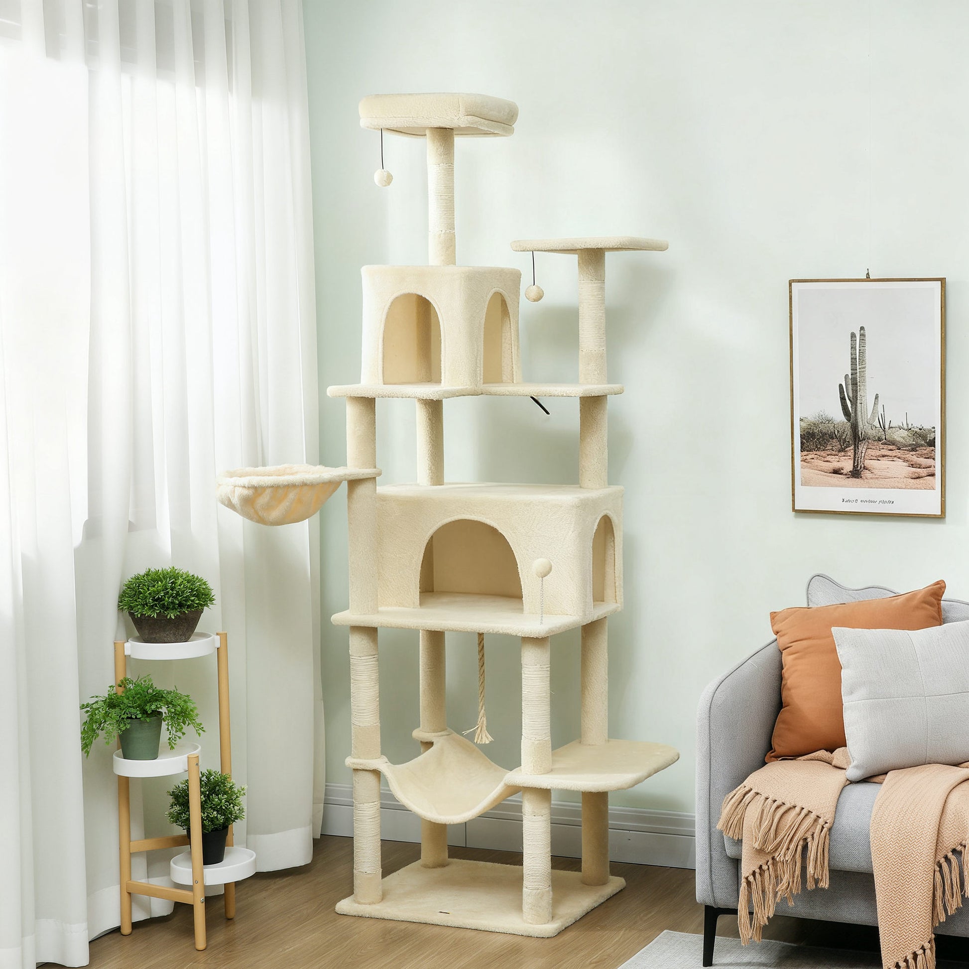 Pawhut Árbol Rascador Para Gatos 202 Cm Con Plataformas 2 Camas 2 Cuevas Beige_1