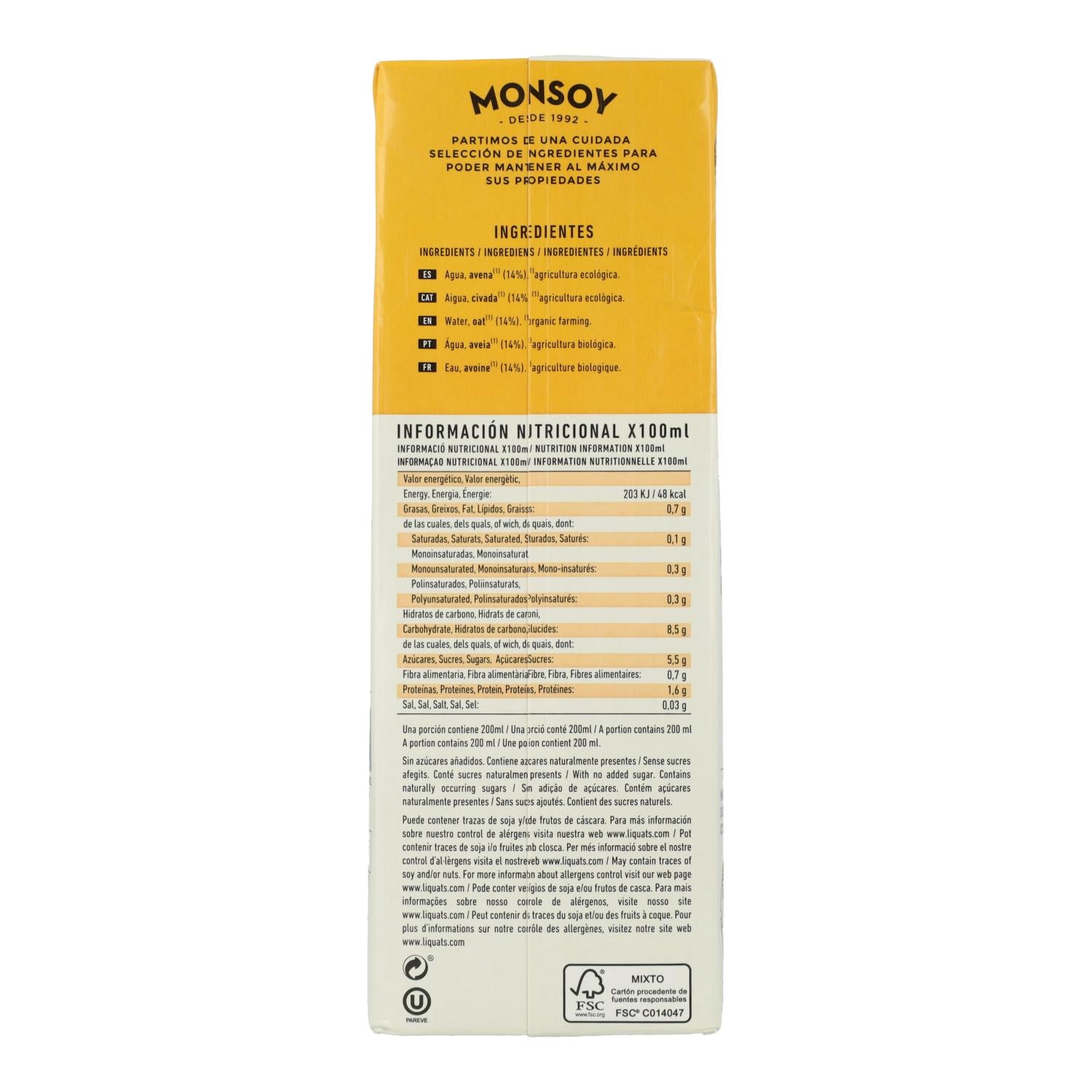 Pack 6uds Bebida BIO de avena sin gluten Monsoy  1 L