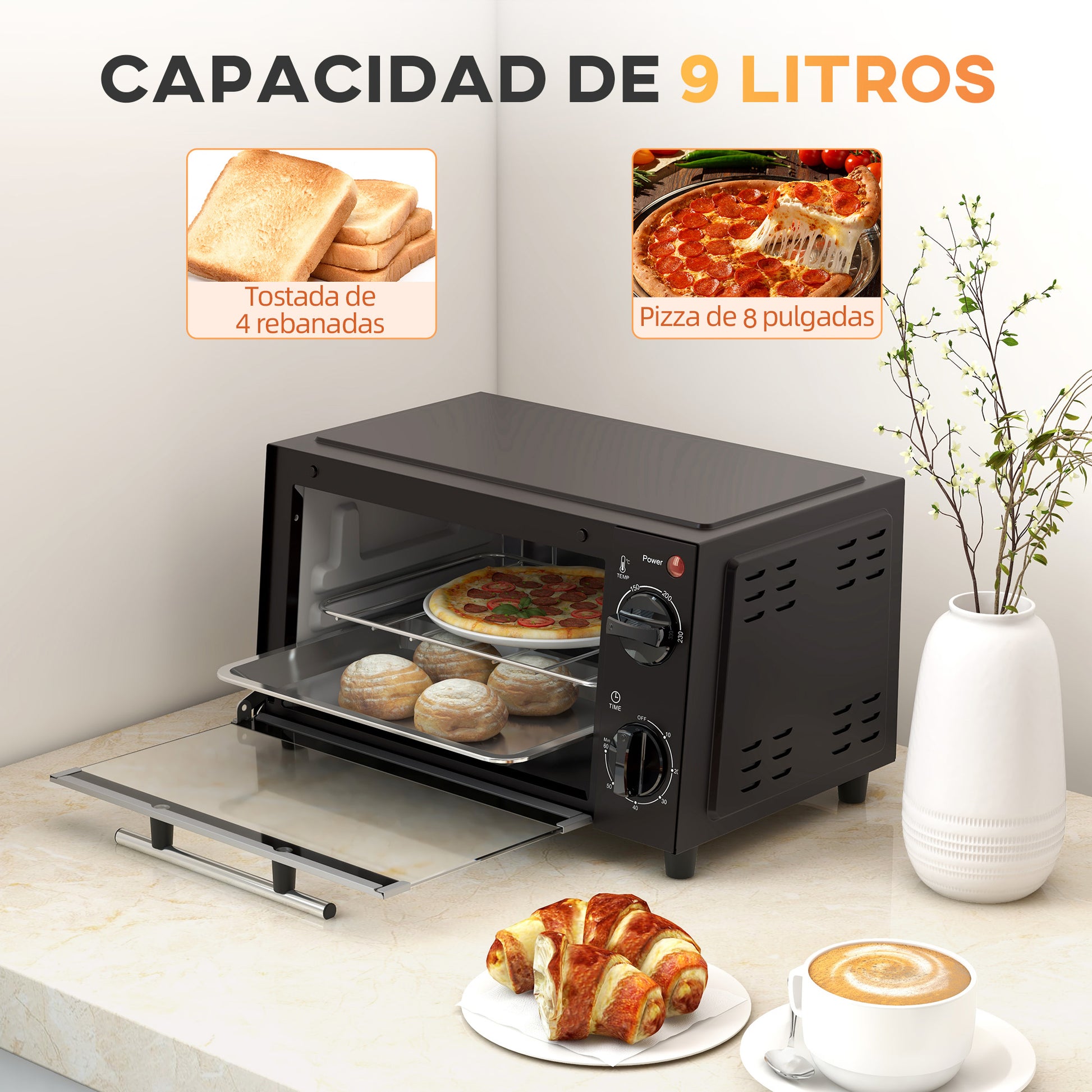 Homcom Mini Horno Eléctrico 9l 50w Con Temperatura Ajustable Temporizador Negro_3