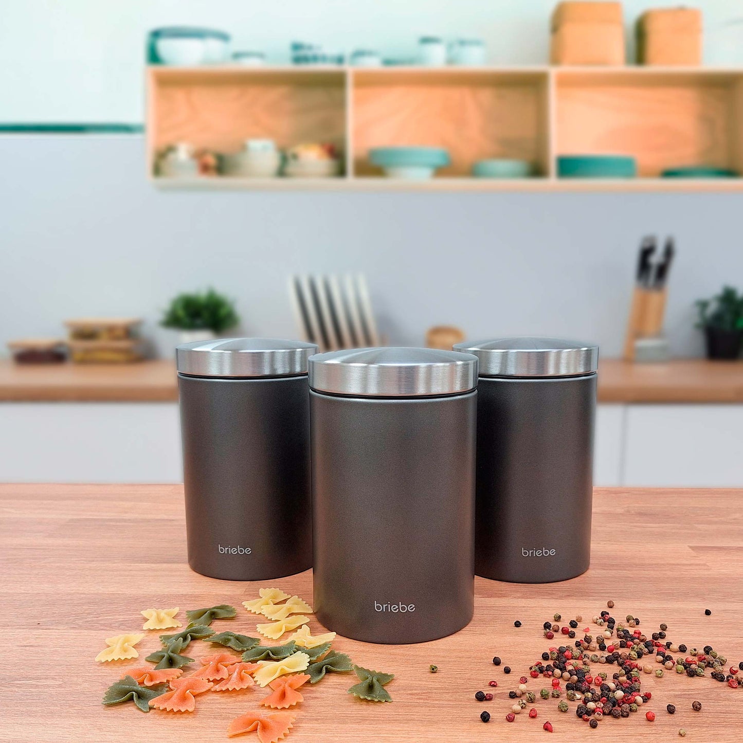 Panera De Mesa +juego 3 Botes Cocina Almacenaje Acero Inoxidable Contenedor De Pan Con Tapa, Briebe, Bb1161, Gris