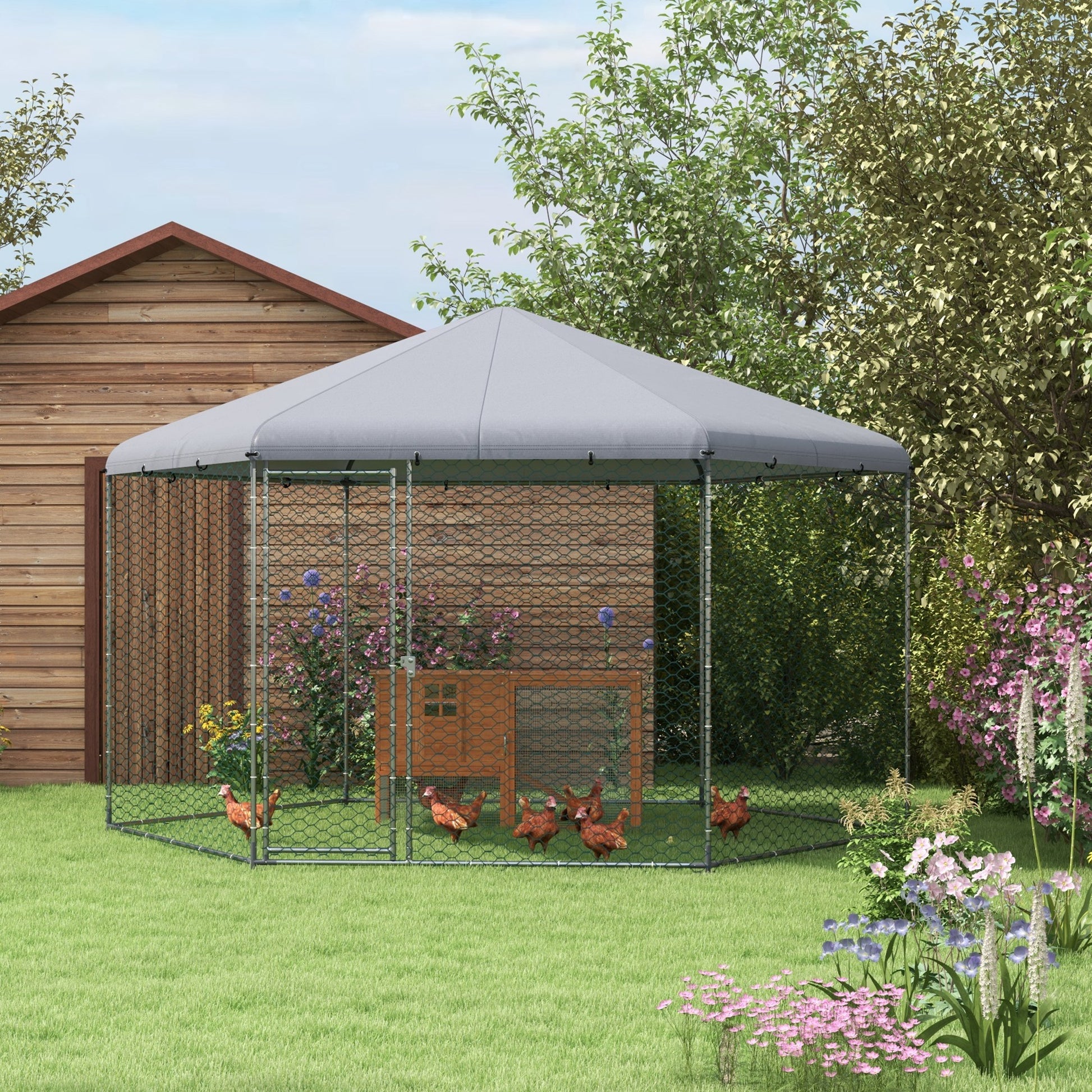 Pawhut Gallinero Para Exterior Grande De Acero 400x346x263 Cm Plata_1