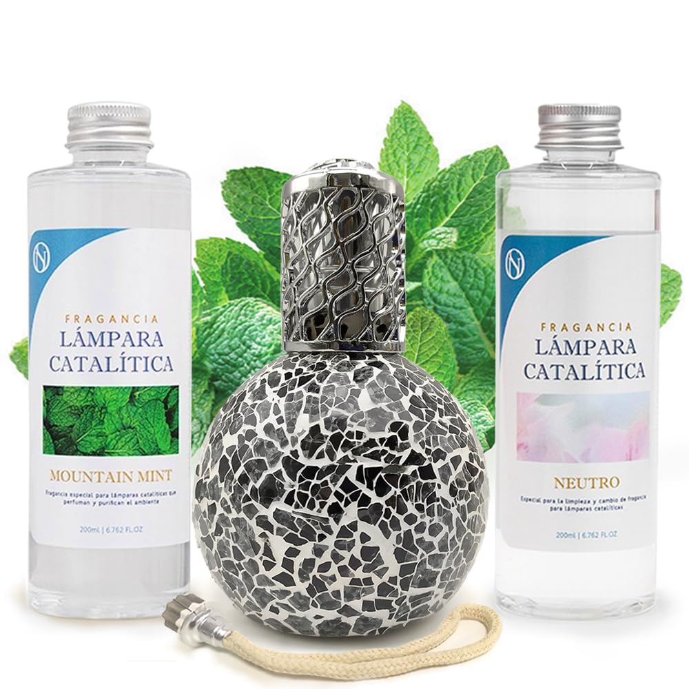 Pack Lámpara Catalítica Mosaico Negro + Fragancia Mountain Mint 200ml + Limpiador Neutro 200ml + Mecha De Repuesto_0