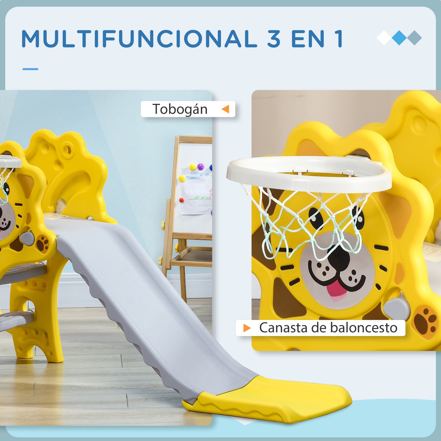 Aiyaplay Tobogán Infantil 3 En 1 Con 2 Escaleras 131x50x74 Cm Amarillo Y Gris_3