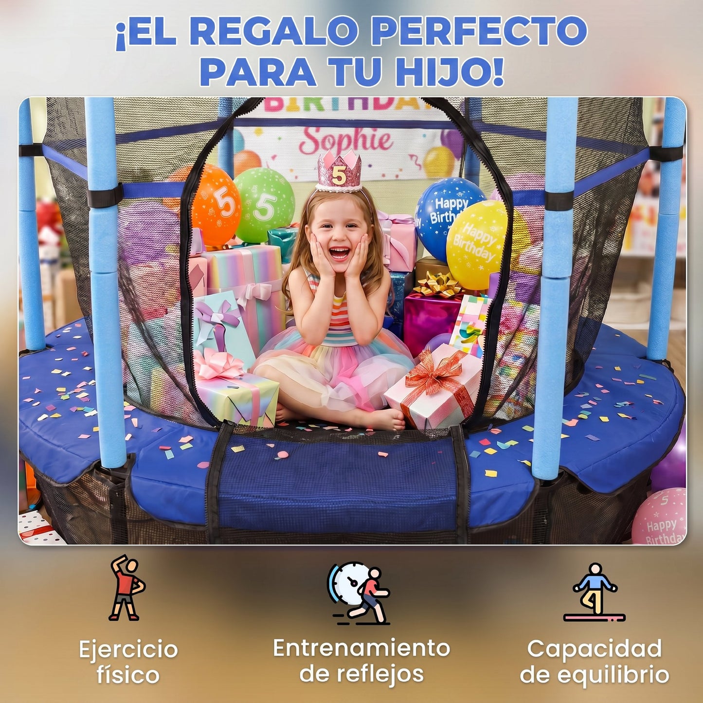 Homcom Cama Elástica Infantil Ø163 Cm Con Red De Seguridad Azul Y Negro_4