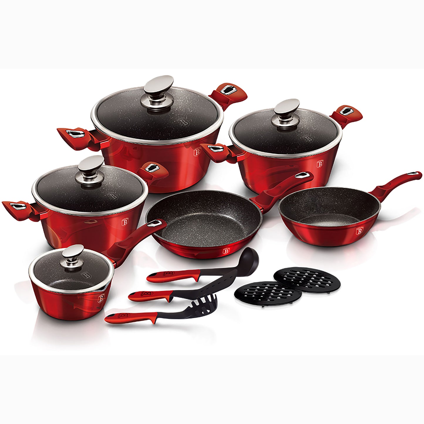 Batería Cocina Inducción 15 Piezas Antiadherente Sin Pfoa Aluminio Cazuelas Sartenes Utensilios Berlinger Haus Burgundy Rojo_0