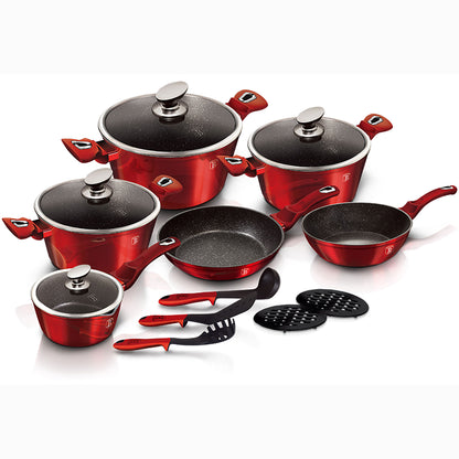 Batería Cocina Inducción 15 Piezas Antiadherente Sin Pfoa Aluminio Cazuelas Sartenes Utensilios Berlinger Haus Burgundy Rojo_0