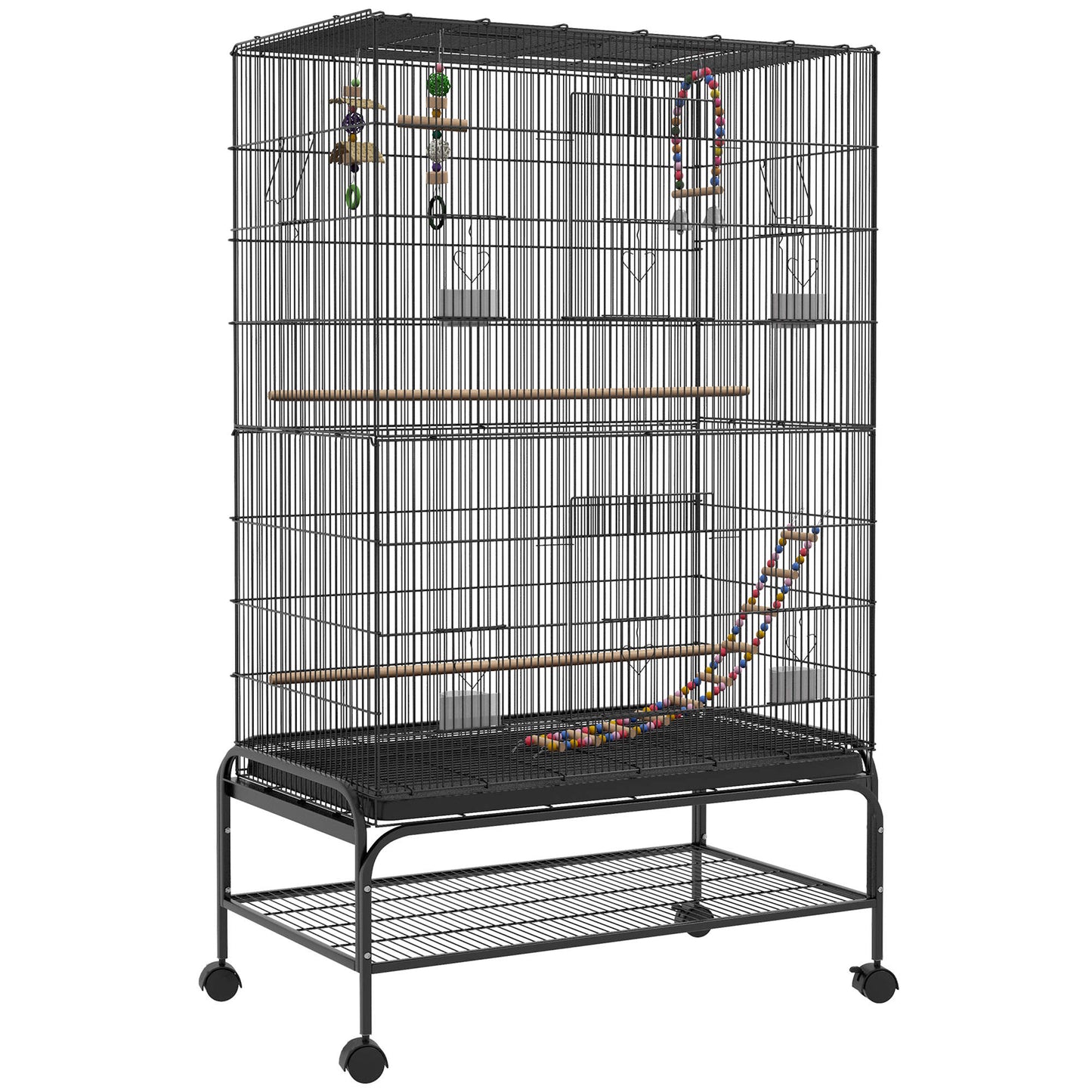 Pawhut Jaula Para Pájaros Con Ruedas Estante Y Comederos 97x58x160 Cm Negro_0