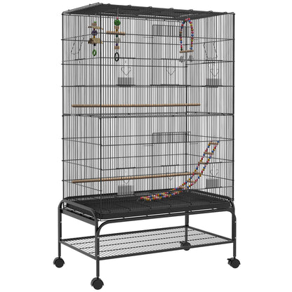Pawhut Jaula Para Pájaros Con Ruedas Estante Y Comederos 97x58x160 Cm Negro_0