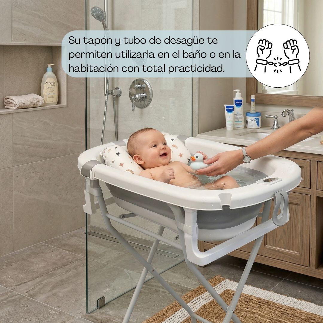 Bañera Bebé Gris Con Cojín, Termómetro Y Soporte Plegable, Segura Y Compacta Para Recién Nacidos Bathby_3