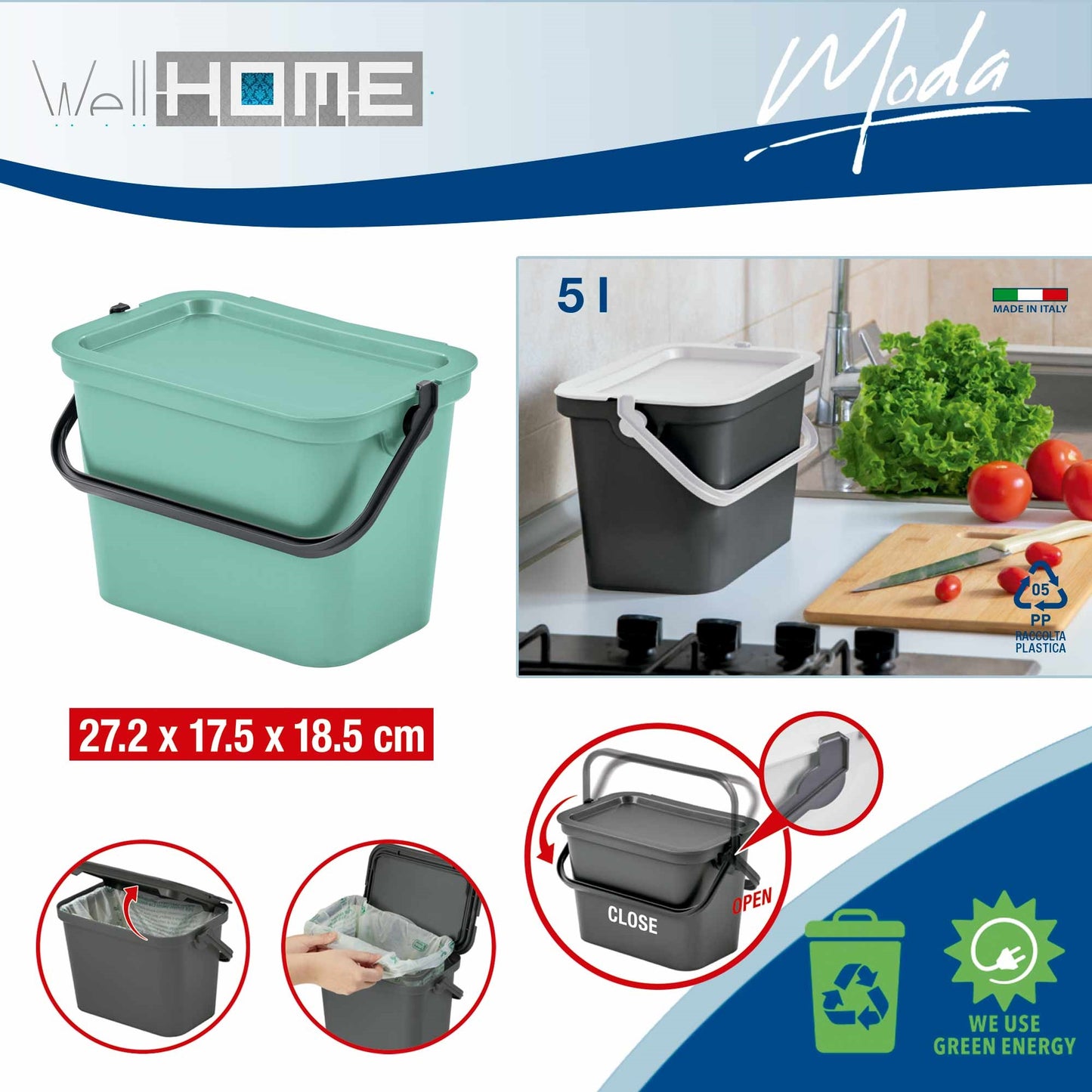 Set De 3 Papeleras moda Con Asa Grafito, Salvia Y Blanco De 5l_2