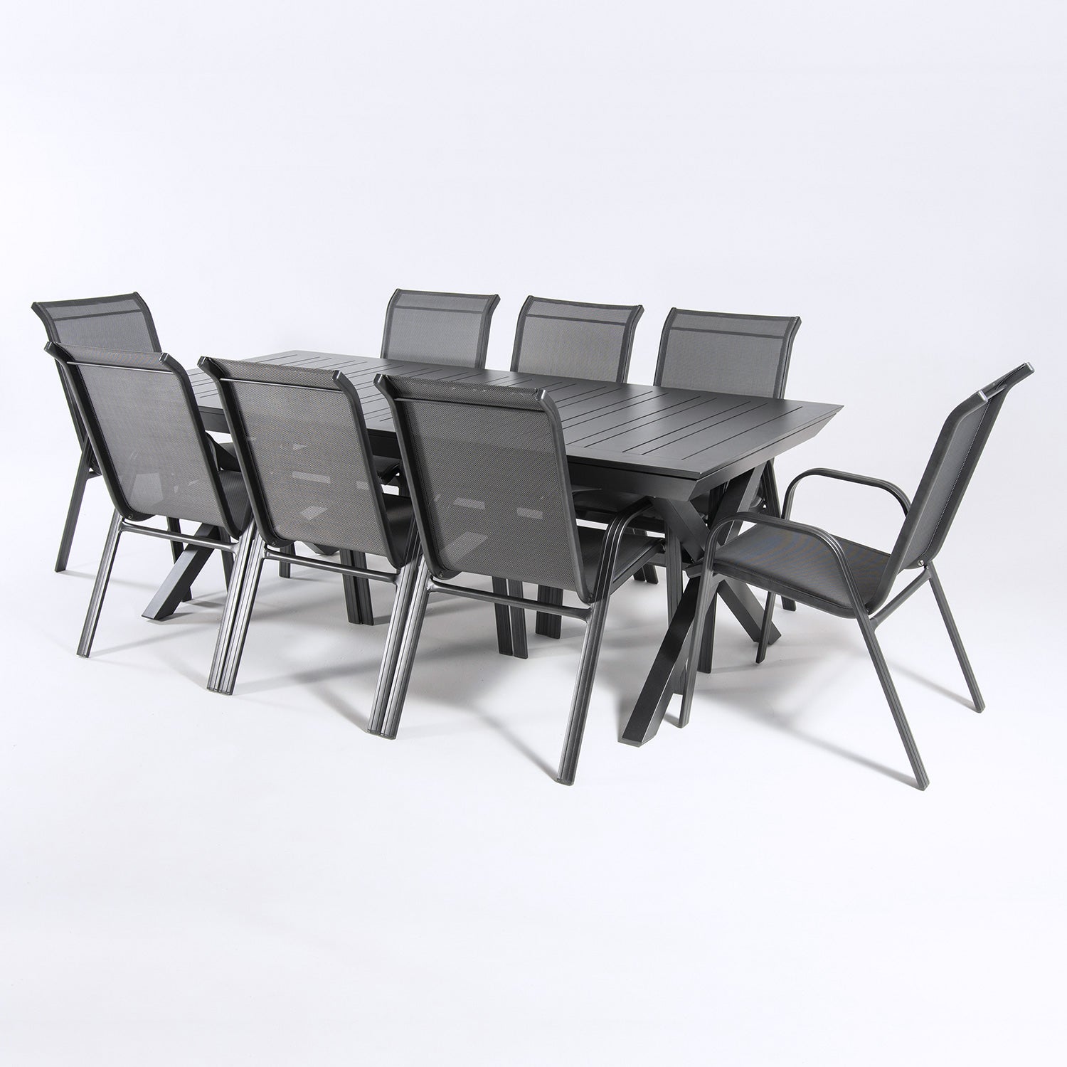Conjunto De Exterior, Mesa Jardín Extensible 215/295 Cm Y 8 Sillones Apilables Con Respaldo De 98 Cm, Aluminio Color Antracita, 8 Plazas_2