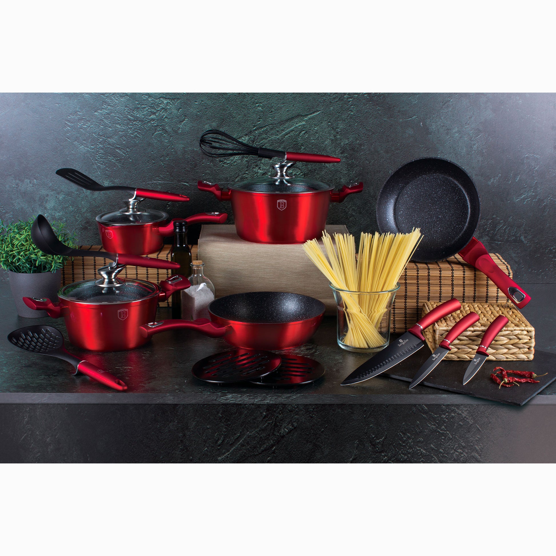 Batería Cocina Inducción 17 Piezas, Antiadherente Mármol Sin Pfoa, Aluminio, Cazuelas Sartenes Berlinger Haus Burgundy Rojo_5