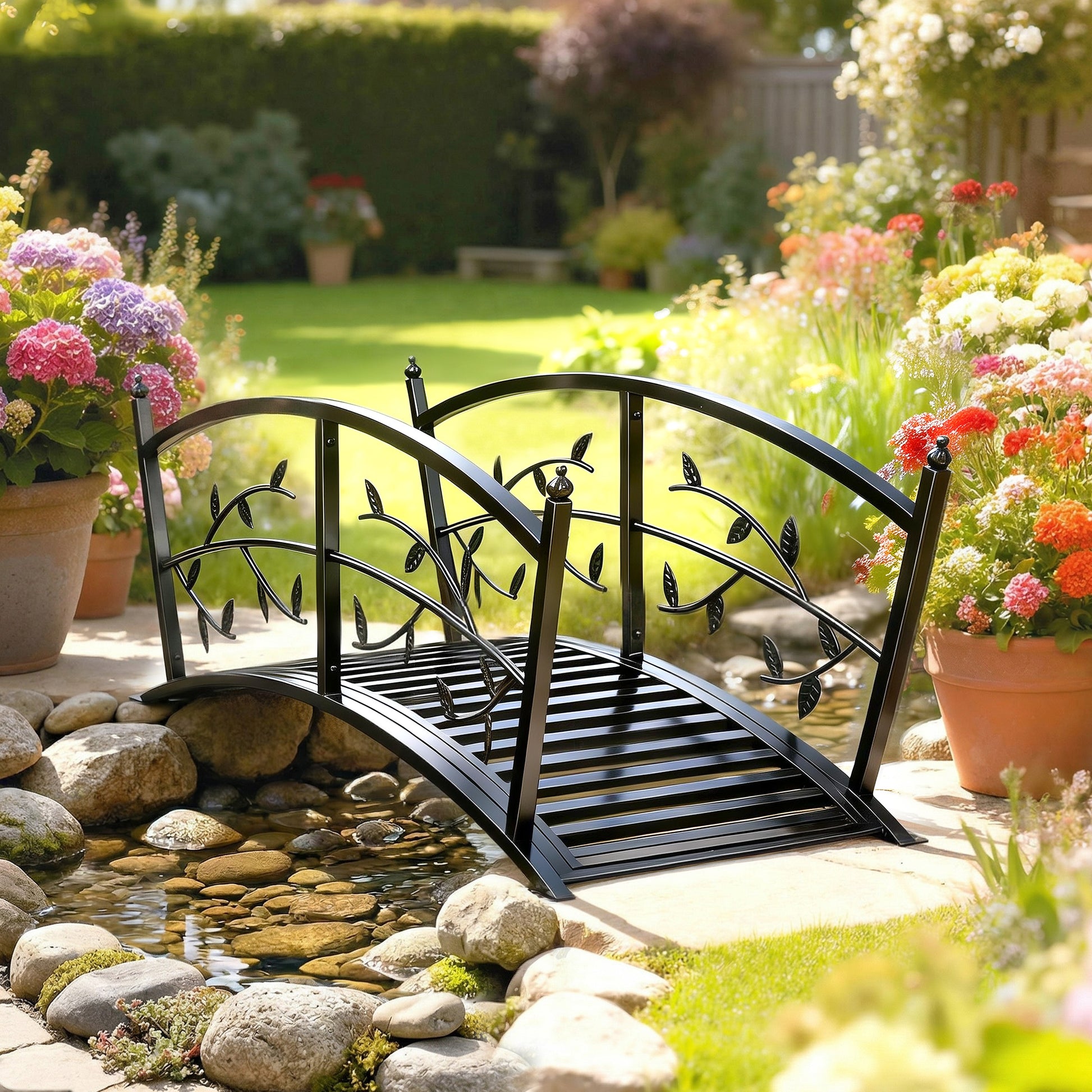 Outsunny Puente De Jardín Metálico 1,2 M Con Barandillas De Seguridad Negro_1