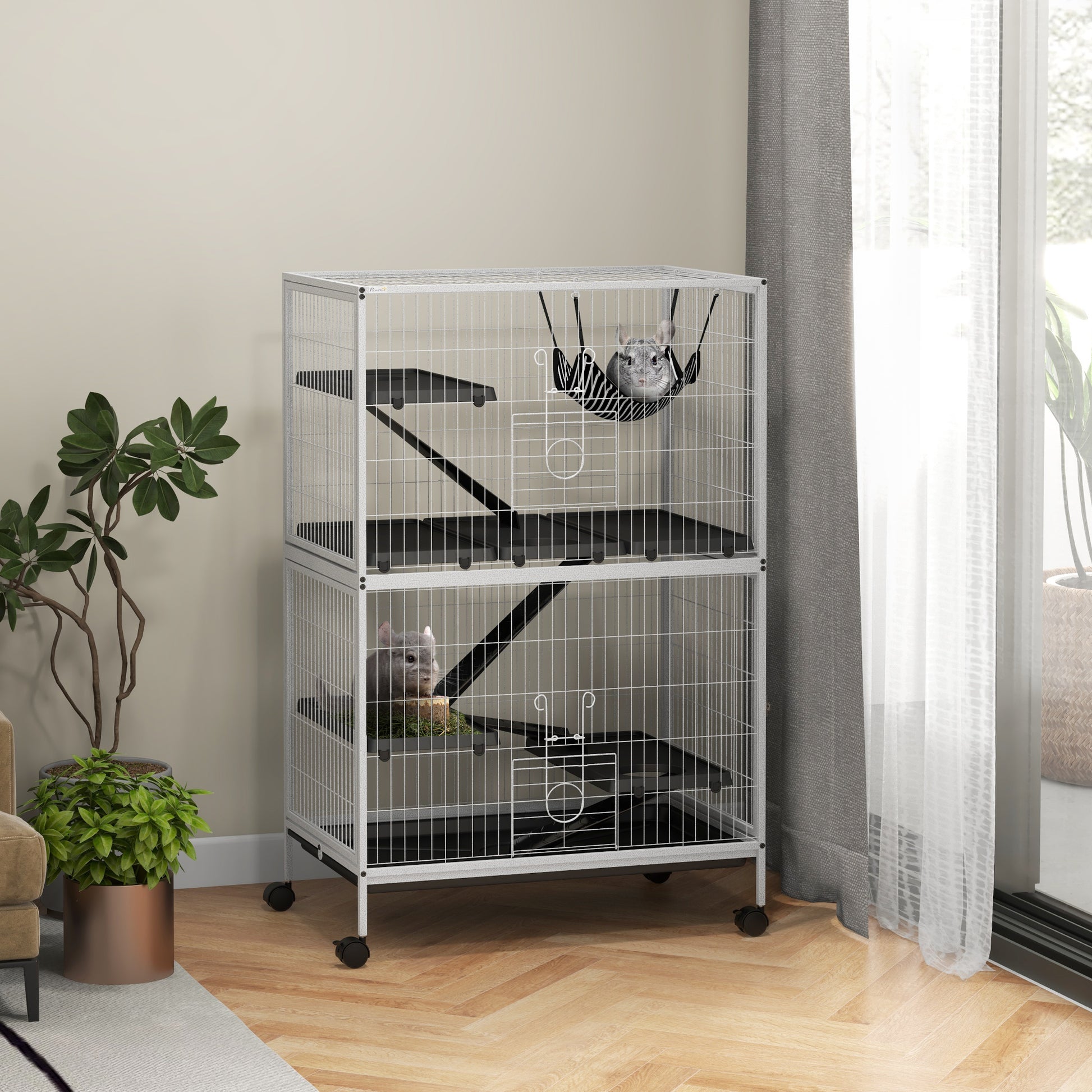 Pawhut Jaula Para Animales Pequeños De 4 Niveles Con Ruedas 80x52x128 Cm Blanco_1
