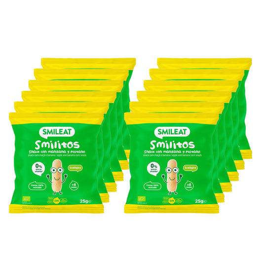 Pack 12x Smilitos, gusanitos de manzana y plátano snack, Smileat, 25g