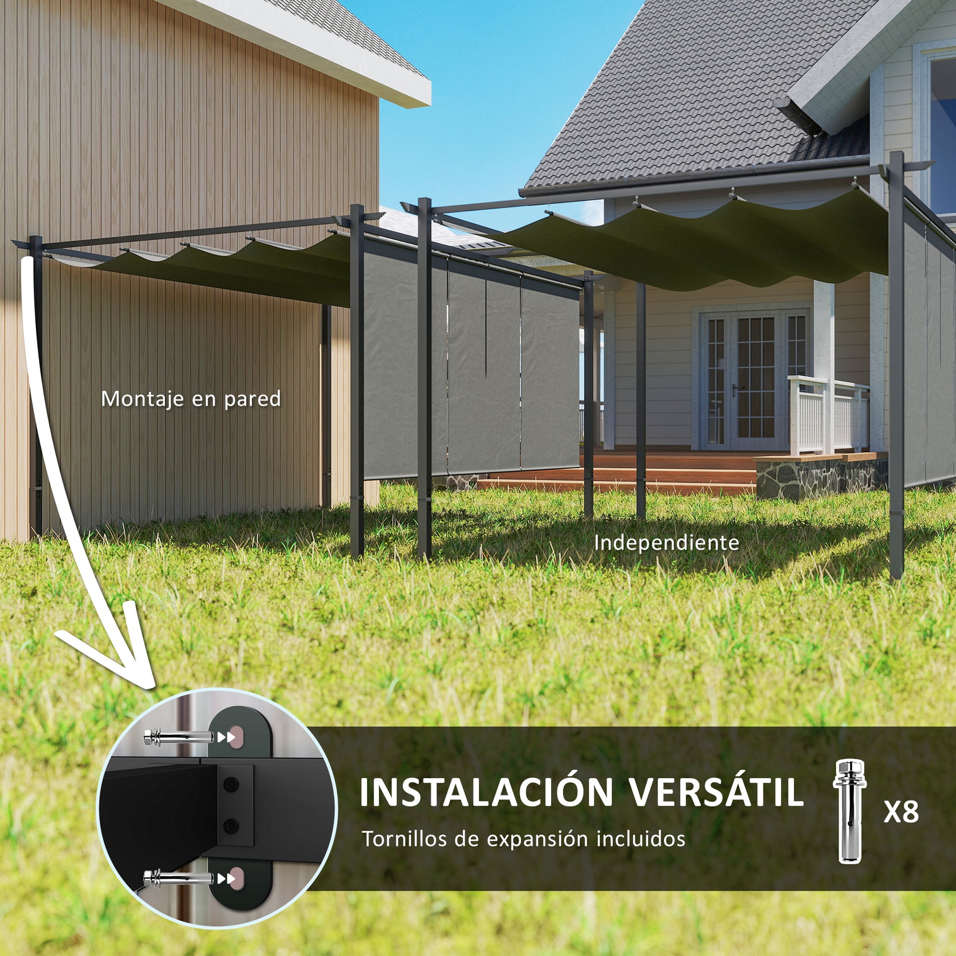 Outsunny Pérgola 4x3 M Con Techo Retráctil Y Laterales Enrollables Gris_5