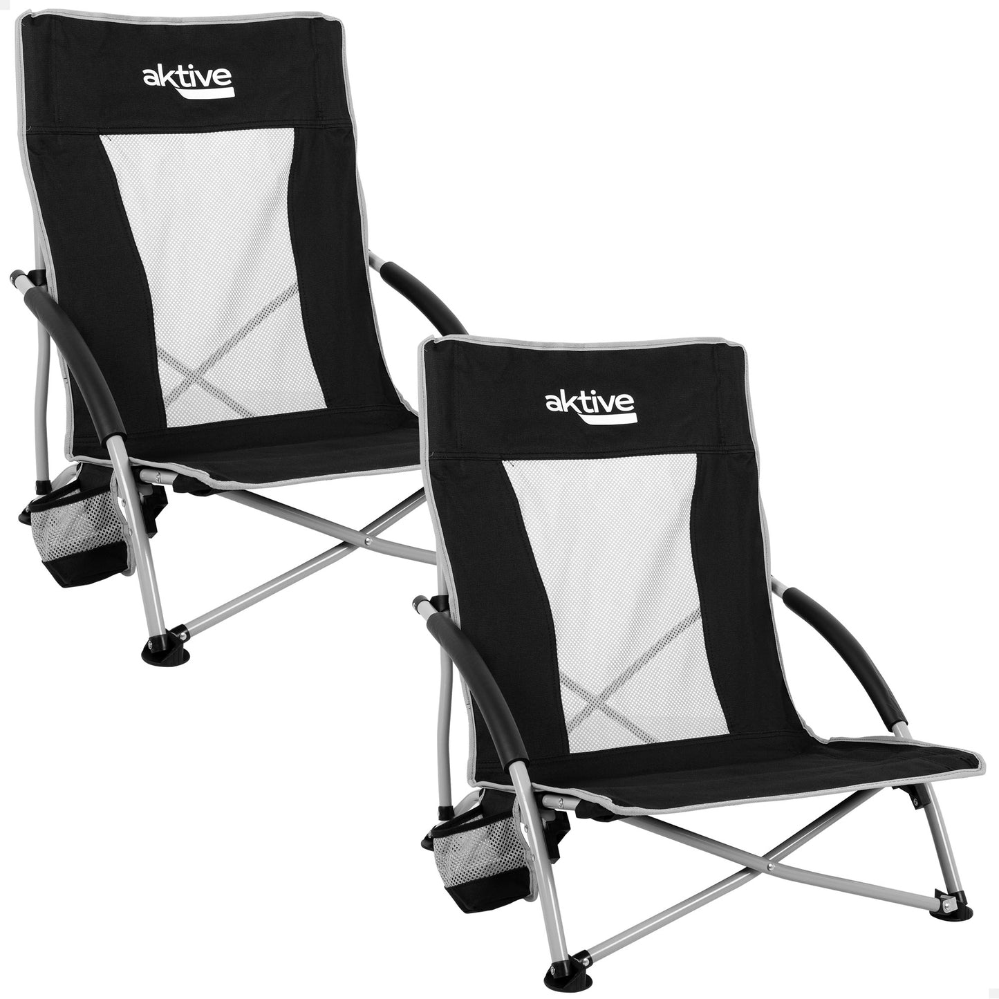 Pack 2 Sillas Plegables Camping Bajas Y Transpirables Negras C/posavasos Aktive_0
