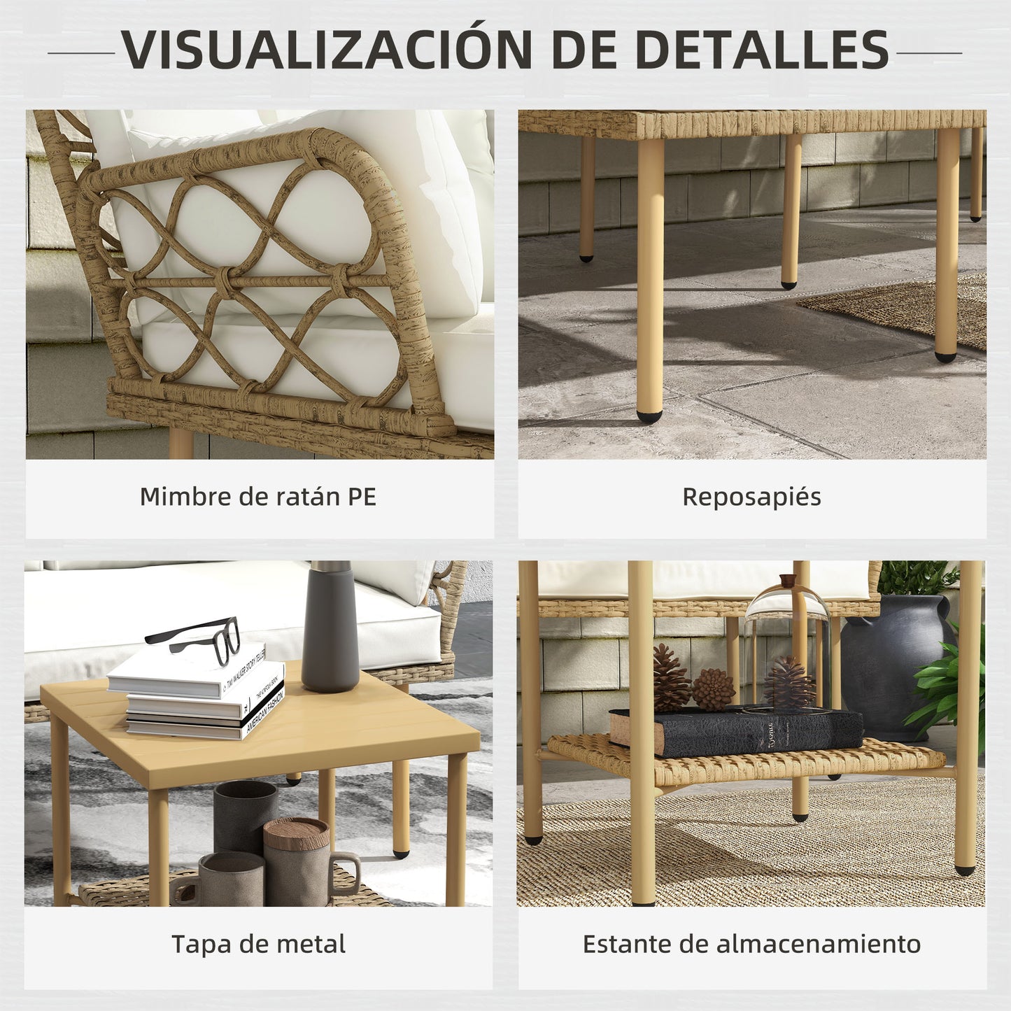 Outsunny Conjunto De Jardín De Ratán Sintético De 3 Piezas Natural Y Crema_5