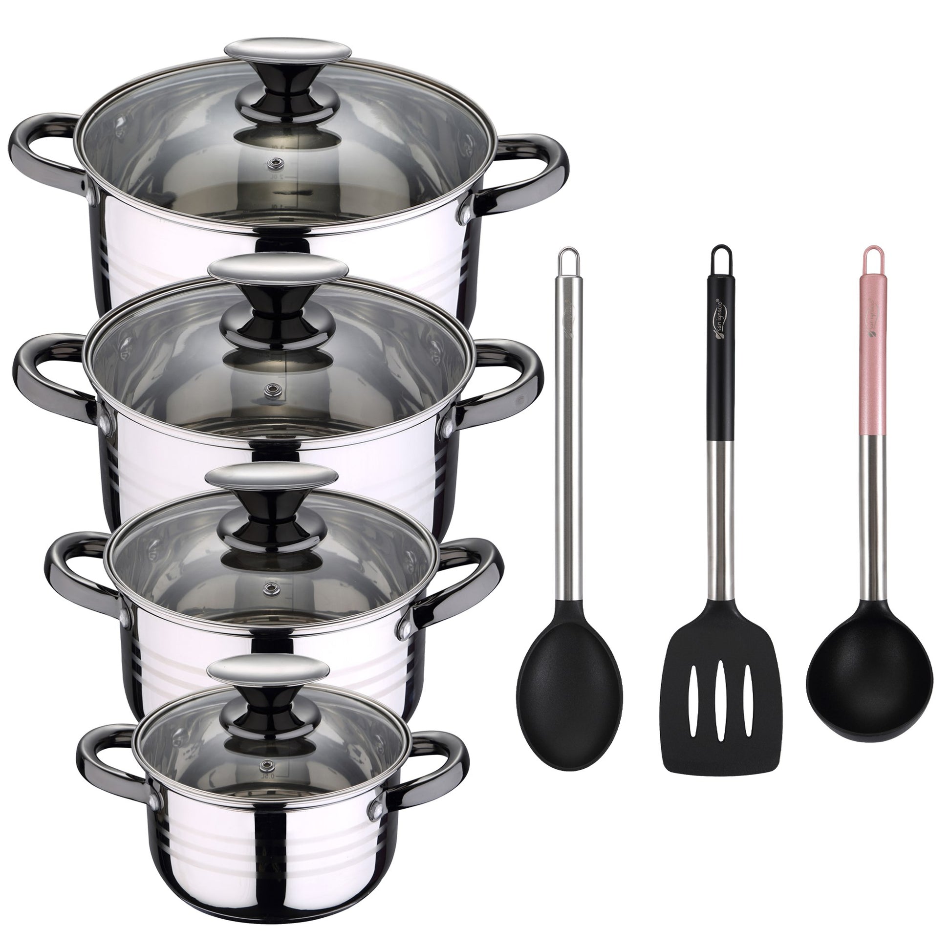 Bateria De Cocina 8 Piezas Apta Para Induccion San Ignacio Hita En Acero Inoxidable Con Set De 3 Utensilios De Cocina En Nylon_0