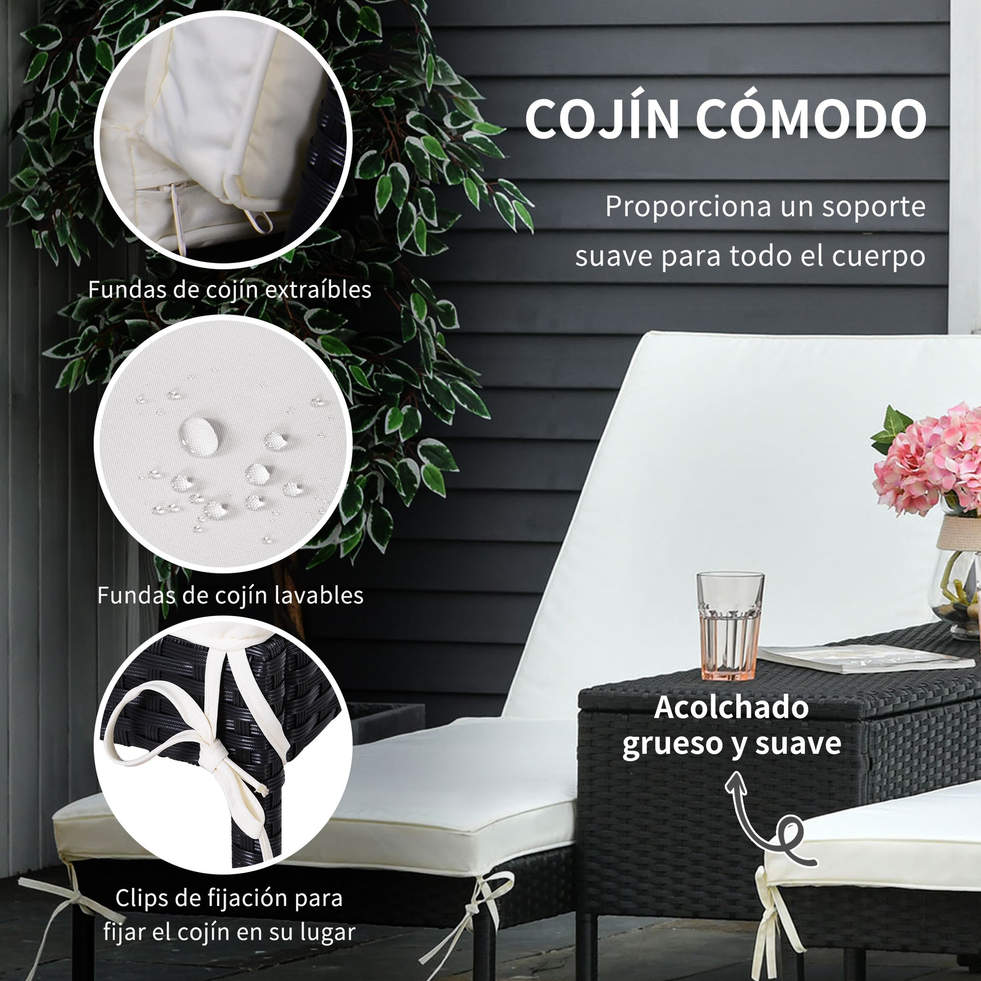 Outsunny Conjunto De 2 Tumbonas De Terraza Con Mesa Ratán 195x60x86 Cm Negro_5
