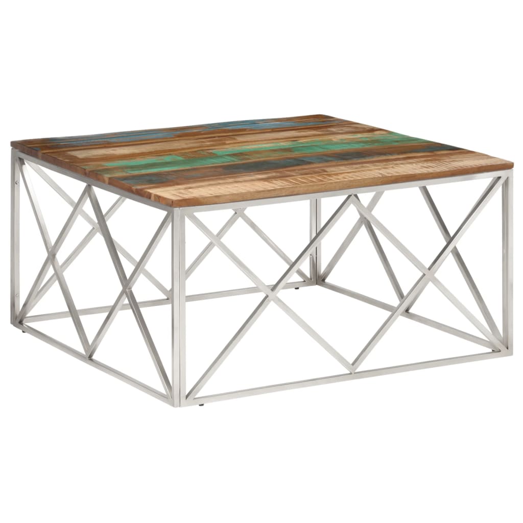 Mesa De Centro Acero Inox Plateado Y Madera Maciza Reciclada_0
