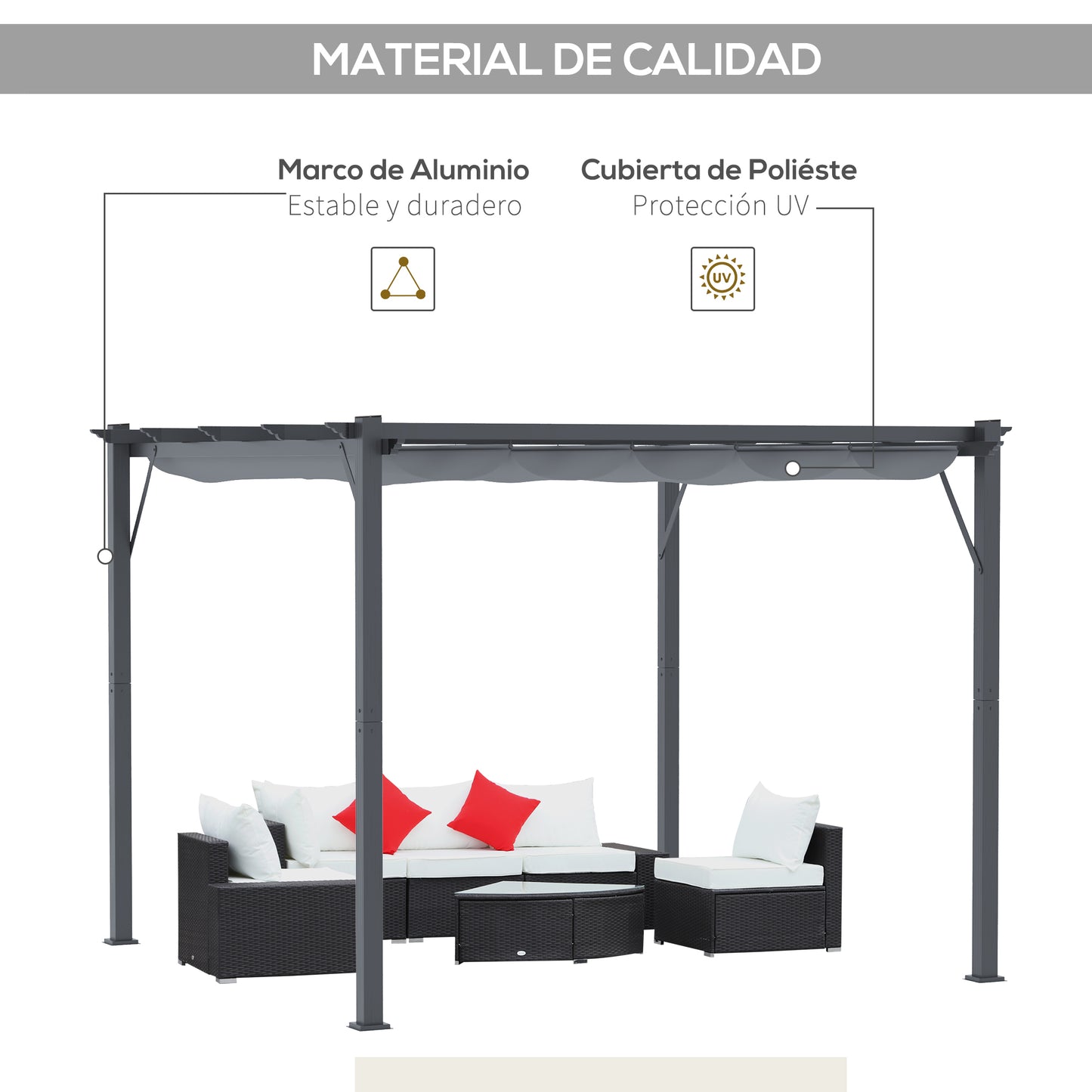 Outsunny Pérgola De Jardín 3x3 M Con Techo Retráctil_4