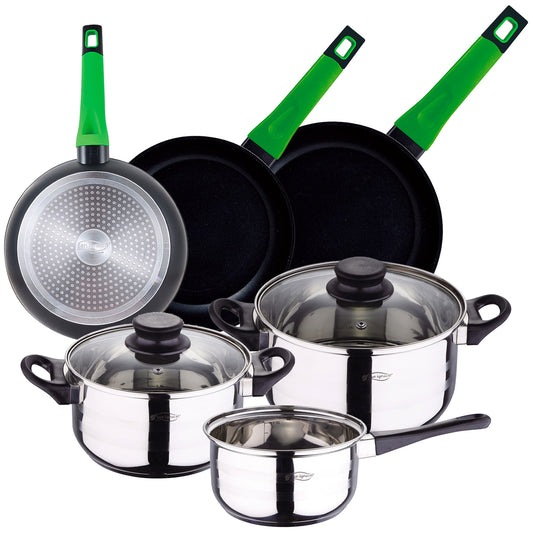 Set Batería De Cocina 5 Piezas: Cazo 16;ollas 18;20 Con Tapa De Vidrio, Y 3 Sartenes De 20;24;26, Antiadherentes, San Ignacio Vitoria, En Aluminio Fo_0