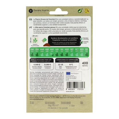 Semillas de Puerro grueso de Carentan ecológicas Planeta Huerto